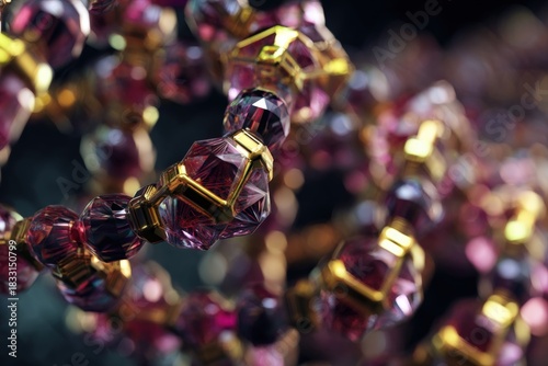 Intricate close-up of decorative glass beads with faceted surfaces and golden accents, creating a luxurious design with light reflections. Blurred background enhances depth and focus