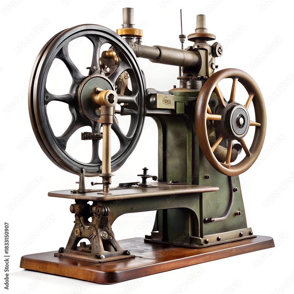 Fototapeta premium Antique industrial sewing machine with large flywheel on wood base
