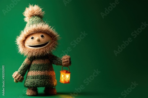 Smiling plush toy dons a striped knit outfit with fluffy trim, holding a small glowing lantern. Background blends into the outfit, enhancing the cozy festive atmosphere
