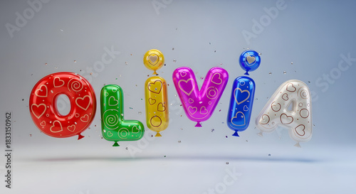 Colorful foil balloons spell out the name olivia for a celebration or party