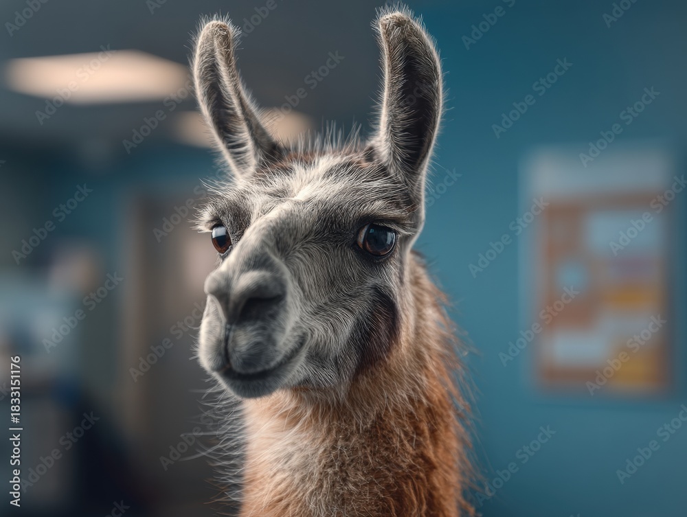 Obraz premium Llama with fluffy fur and expressive eyes stands indoors, gazing at the camera. The background is softly blurred, highlighting the animal's detailed face and friendly demeanor