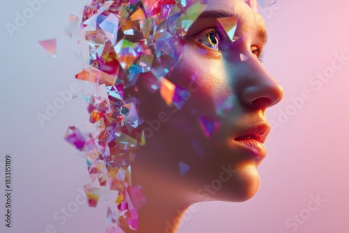 Fragmented, colorful glass-like pieces frame a woman's face, blending with her skin. Light reflects in prismatic hues, creating a dreamy, futuristic atmosphere