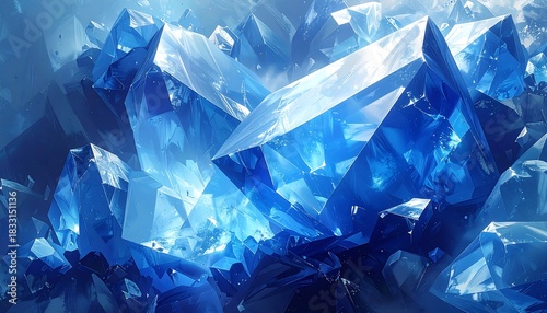 Crystalline formations of blue and white, light reflecting off sharp edges creating a cool, otherworldly scene