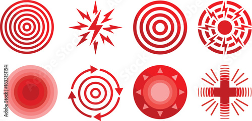 Pain icons, discomfort symbols, medical graphics, health vector, red alert, pain indicators, flat design, radiating pain, sharp ache, throbbing pain, circular pain, burning sensation 
