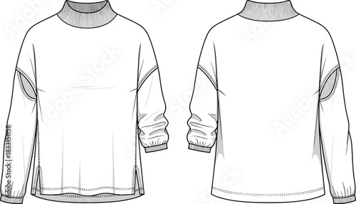 Women sweatshirt technical flat sketch, long sleeve pullover with shoulder cutout design, fashion apparel illustration front and back view templateWomen sweatshirt technical flat sketch, lonth 