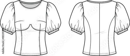 Women puff sleeve top technical flat sketch, fitted short sleeve blouse design, fashion apparel illustration front and back view template