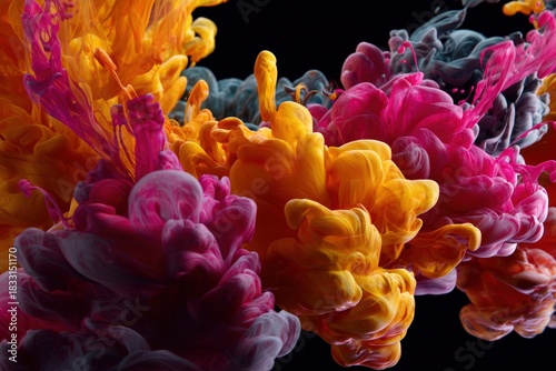 Vibrant swirls of pink, orange, and yellow ink float and blend in water, creating an intricate and dynamic pattern. The fluid motion is captured against a dark background, enhancing colors