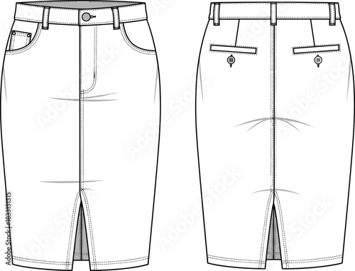 Women pencil skirt technical flat sketch, denim midi skirt design, fashion apparel illustration front and back view, clothing template vector