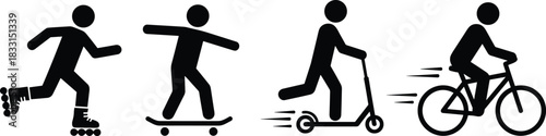 Personal transport icons, eco mobility vector, rollerblade skateboard scooter bicycle silhouette, urban movement design, active lifestyle graphic, black set