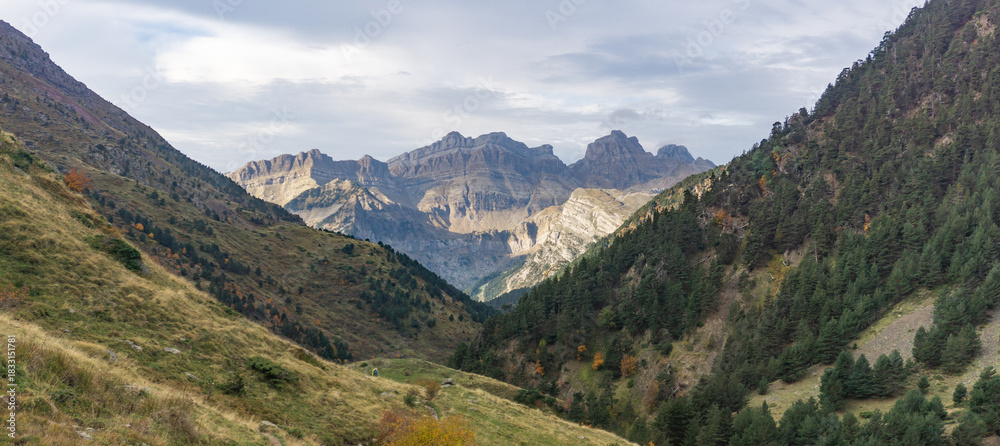 Obraz premium View of a mountain range through a valley with trees and grass under a cloudy sky in the distance