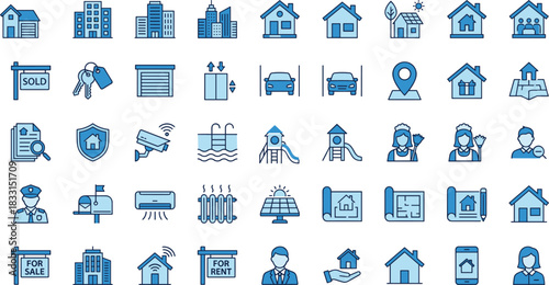 Real estate icons, property management vector, housing services symbols, apartment amenities, commercial utilities, blue tone design, infrastructure illustration, residential features, modern living 