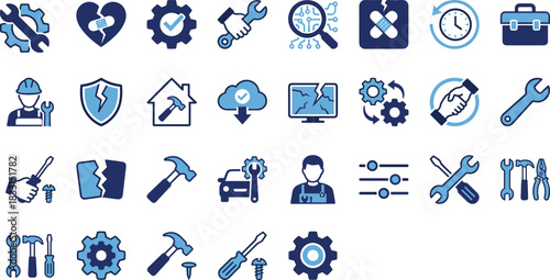 Repair icons, maintenance tools, technical support, broken items, fix symbols, gear settings, handyman, service toolkit, wrench, screwdriver, hammer, cracked screen, broken heart
