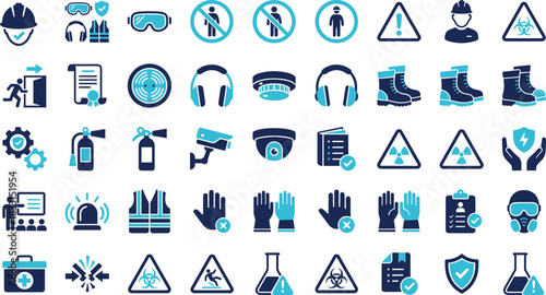Safety icons, hazard symbols, workplace protection, PPE graphics, emergency tools, warning signs, blue theme, industrial safety, risk management, secure environment