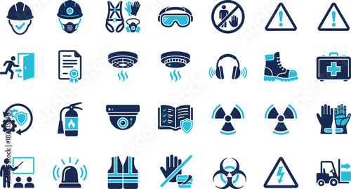 Safety icons, hazard symbols, PPE graphics, emergency tools, workplace protection, warning signs, blue theme, compliance visuals, industrial safety, risk alerts, secure procedures, safety training