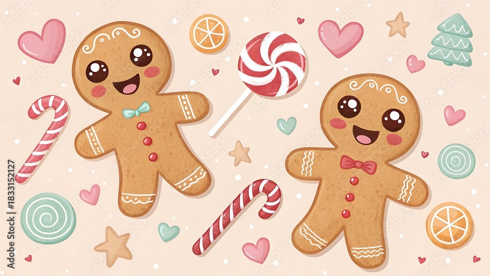 Obraz premium Cute kawaii gingerbread man cookies and christmas candies