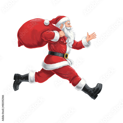 Claus in a red suit joyfully running with a large bag of presents during the holiday season. . Transparent background