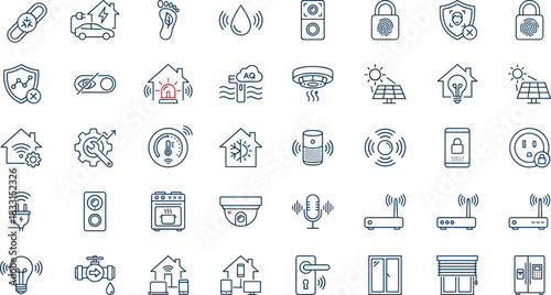 Smart home icons, automation, IoT devices, wireless control, energy management, security system, voice assistant, smart appliances, minimal design, vector pack, blue red