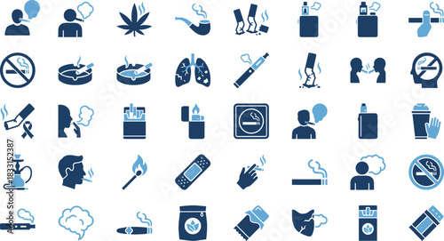 Smoking icon set, tobacco symbols, vape devices, cigarette graphic, health risk, anti-smoking concept, addiction awareness, lung damage, quit smoking design