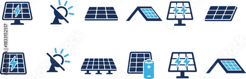 Solar energy icons, renewable power symbols, photovoltaic panel graphics, battery storage visuals, rooftop solar illustrations, clean energy design, eco-friendly technology