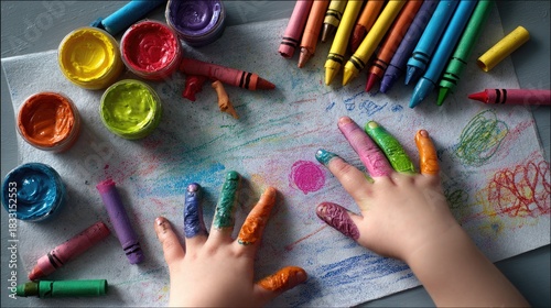 Child's hands covered in colorful finger paints and crayons, creating art on paper