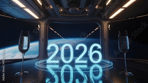 Fototapeta Naklejka Na Ścianę i Meble -  Champagne flutes in space station with earth view and year two thousand twenty six