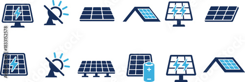 Solar icons, energy generation, photovoltaic panels, sun power, battery storage, renewable electricity, eco-friendly system, green energy, sustainable technology