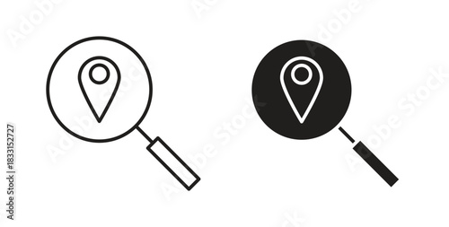 Search Location icon glyph and line set thin line symbol concept.
