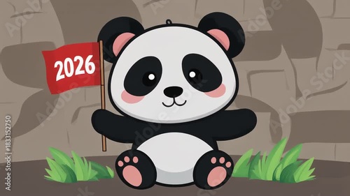 Cute Panda Bear Waving Flag Saying 2026 for Happy New Year
