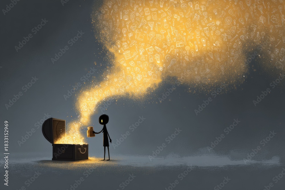 Obraz premium Dark figure opens treasure chest, golden ideas emerge