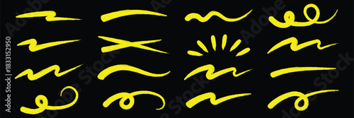 Black underline chalk brush strokes with pencil line crayon texture for handdrawn designs and markings. Rough wavy zigzag patterns or straight horizontal elements. Artistic sketch isolated on white