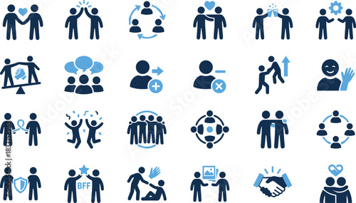 Teamwork icons, relationship visuals, social interaction, cooperation, handshake, support, celebration, heart, shield, gear, star, growth, connection, friendship, unity, communication