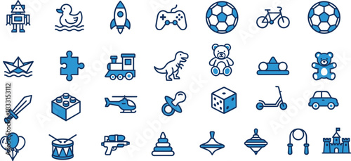Toy icons, blue vector set, children’s play items, fun symbols, baby toys, educational graphics, playful objects, kids entertainment design