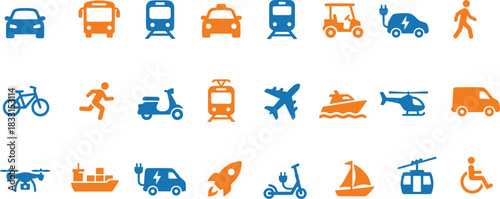 Transport icons, mobility symbols vector, travel mode graphics, vehicle elements, personal movement visuals, blue orange design, public transit illustration, eco transport concept set