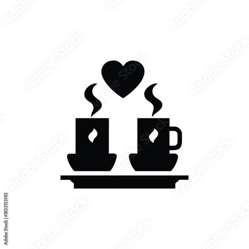 Coffee cups with steam and a heart symbol above representing love and romance isolated on white background isolated on transparent background