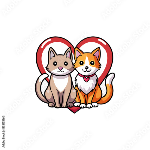 Cats two cute cartoon cats sitting together in front of a large red heart shape representing love and companionship isolated on white background isolated on transparent background