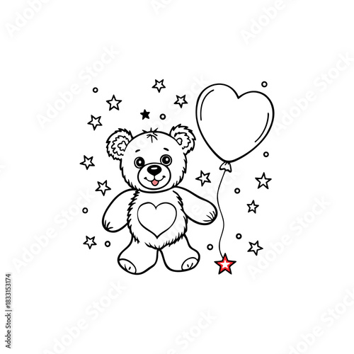 Teddy bear holding a heart shaped balloon surrounded by stars a classic illustration for children s themes and celebrations isolated on white background isolated on transparent background