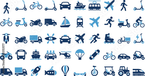 Transportation icons, travel visuals, mobility symbols, vehicle types, walking, car, airplane, boat, train, scooter, rocket, bus, taxi, motorcycle, hoverboard, parachute, skateboard