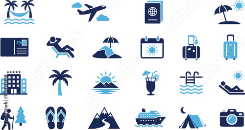Travel icons, vacation symbols, tropical getaway, beach holiday, adventure trip, summer relaxation, tourism tools, hotel, cruise, hiking, passport, camera, sunbathing