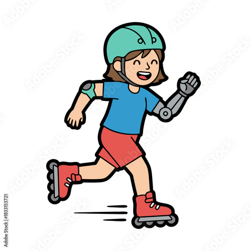 Joyful Young Girl with Prosthetic Arm Rollerblading Outdoors Wearing Protective Gear a Vibrant Cartoon Illustration
