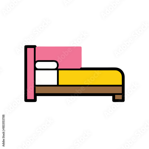 Simple illustration of a bed with pink headboard white pillow and yellow blanket on brown frame against black background flat vector art clean sticker style 2d