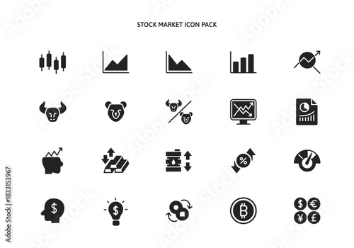 Stock market exchange and broker, candle stick trading glyph icon set. Growth Graph minimal icons analytics in bull and bear market up and down trend. Risk level of currency rate trade solid vector.