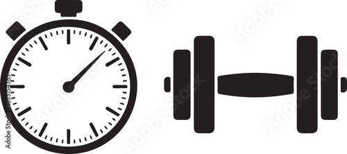 Black and white icon of a stopwatch and a dumbbell timer clock