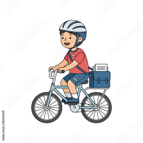 Cartoon boy riding a bicycle with a delivery bag and wearing a helmet.