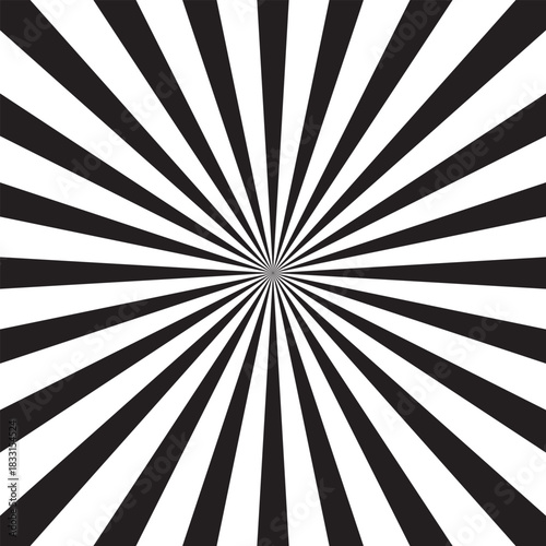 Sun ray light. Sun rays background. Radial burst. Sunburst black pattern isolated on white background. Beams line. Radiate sunlight. Comic effect texture. Retro pop art stripe. Vector illustration