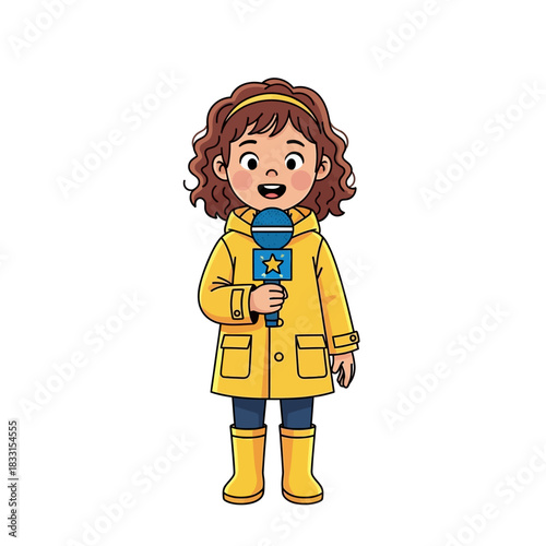 Cartoon girl reporter in a yellow raincoat and boots holding a blue microphone with a star.