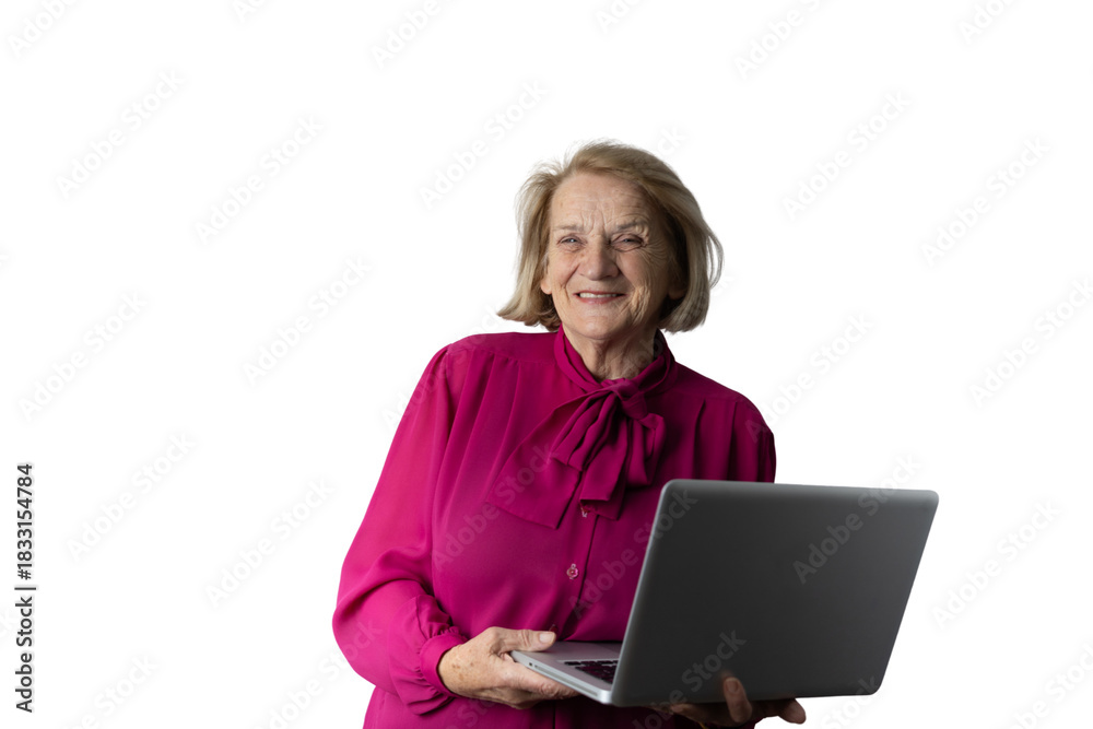 Fototapeta premium Senior woman smiling using a laptop, transparent background