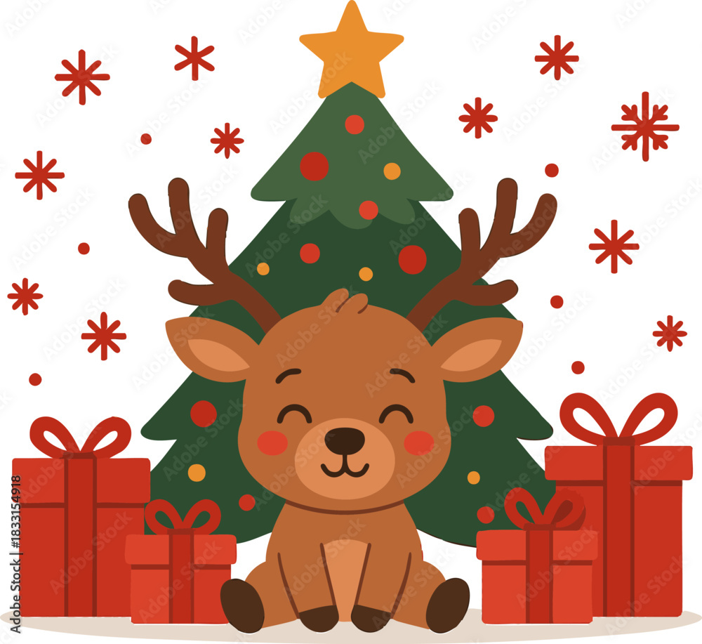 Naklejka premium Cute Reindeer Sitting by Christmas Tree with Gifts