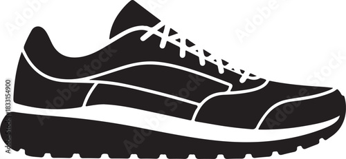 Black and white vector illustration of a running shoe with laces and textured sole sneaker