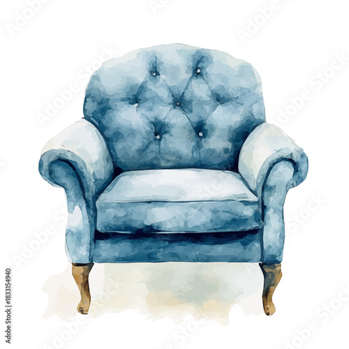 Blue plush armchair painting design collection, Hand-painted watercolor style, vectorized, vector set available in EPS, Simple design, EPS format set	