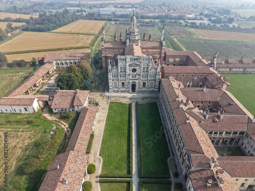 Drone view at the monastery of Certosa di Pavia in Italy